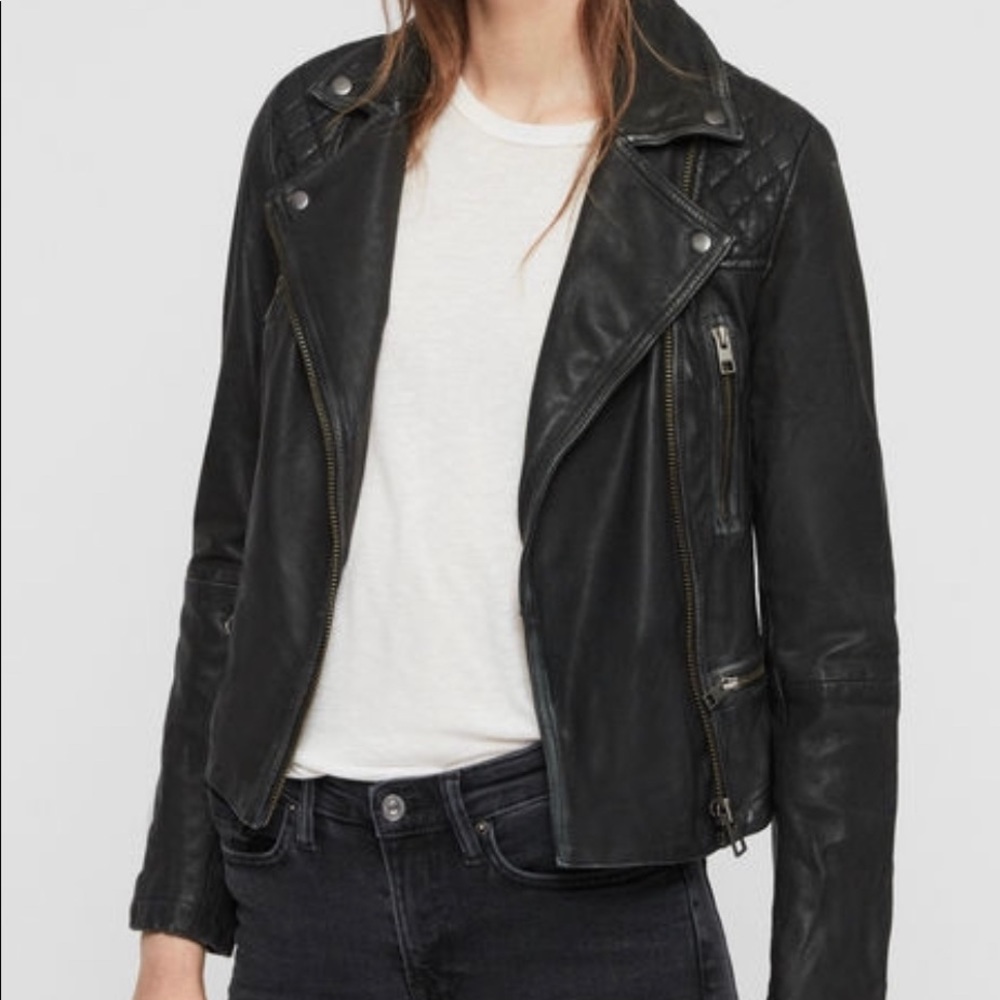 All Saints Cargo Leather Biker Jacket Black S US 0